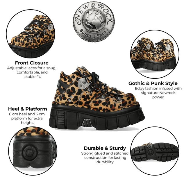 The M-106-C192 from New Rock’s Classic Collection combines a bold urban heavy rock aesthetic with premium craftsmanship. These unisex ankle boots feature a striking brown leapord-print cow leather upper, metal lace hooks, and the brand’s iconic PU-ULTRA platform sole for superior durability and an elevated look.

Key Features:
Material: Outer - Leopard-Print Cow Leather | Inner - Calf Skin
Sole Material: PU-ULTRA | Fixing System: Glued & Sewn
Fastening: Lace-up (Cord)
Heel Height: 6 cm | Platform Height: 4 cm
Shaft Height: 11 cm
Style: Urban, Heavy, Rock, Stylish
Unisex Design: Suitable for all genders