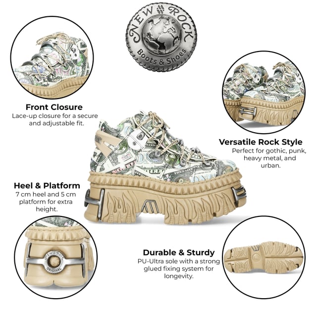 El New Rock M-106WALL-C49 es un botín de plataforma atrevido y vanguardista de la Colección Wall, diseñado para quienes aman la moda alternativa con un toque distintivo. Con un llamativo estampado de billetes de dólar sobre auténtica piel de vacuno, estas botas combinan el estilo urbano con la estética punk y rock característica de New Rock. La suela PU-ULTRA ofrece durabilidad y sujeción, mientras que el tacón de 6,5 cm y la plataforma de 5 cm le dan un look sofisticado. Con forro de piel de becerro, cierre de cordones con cordón y fijación de suela pegada, estas botas personalizadas redefinen el estilo swag con su diseño único inspirado en el dinero. Características principales: Material: Exterior: Piel de vacuno (estampado de billetes de dólar) | Interior: Piel de becerro. Material de la suela: PU-ULTRA | Sistema de fijación: Pegado. Cierre: Cordones (cordón). Altura del tacón: 6,5 cm | Altura de la plataforma: 5 cm. Altura de la caña: 11 cm. Estilo: Urbano, Swag. Diseño unisex: Apto para todos los géneros. Colección: Colección Wall: Una fusión de potencia urbana y rockera.