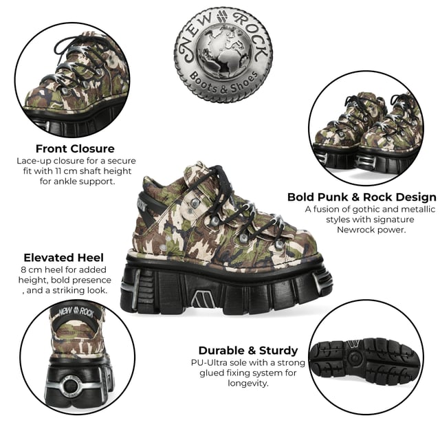 Desata tu espíritu rebelde con los botines New Rock M-106-C169 de la Colección Metallic. Diseñadas para los entusiastas del gótico, punk y rock, estas botas presentan un llamativo exterior de piel de camuflaje, que combina tonos beige, marrón, negro y verde. Elaboradas con piel de vacuno de primera calidad y forro interior de piel de cerdo, ofrecen durabilidad y comodidad. La suela PU-ULTRA, junto con un tacón de 8 cm y una plataforma de 6 cm, añade altura y audacia. Fabricadas con un cierre de cordones seguro y un sistema de fijación de suela pegada, estas botas hechas a medida redefinen la moda alternativa con un toque robusto de inspiración militar. Características principales: Material: Exterior: Piel de vacuno (Camuflaje) | Interior: Piel de cerdo Material de la suela: PU-ULTRA | Sistema de fijación: Pegado Cierre: Cordones (Cordón) Altura del tacón: 8 cm | Altura de la plataforma: 6 cm Altura de la caña: 11 cm Estilo: Gótico, Heavy, Punk, Rock Unisex Diseño: Apto para todos los géneros Colección: Metallic – Una fusión de moda extrema y poder del rock