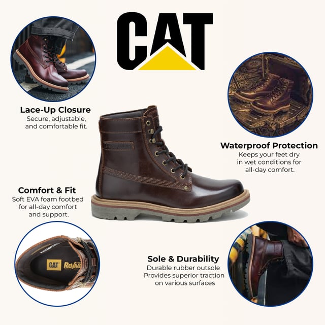 Las botas de cuero impermeables Caterpillar Colorado Grader ofrecen durabilidad, comodidad y un estilo atemporal. Confeccionadas con cuero flor premium con cuello acolchado, estas botas brindan un excelente soporte para el tobillo. Su diseño impermeable, plantilla de espuma EVA suave y suela de goma resistente garantizan una comodidad duradera y una tracción superior. Ideales para el trabajo, el senderismo o el uso diario, estas botas ofrecen rendimiento durante todo el día con un diseño clásico y sencillo, diseñado para brindar resistencia y confiabilidad. Características principales: Cuero flor premium: duradero, elegante y duradero. Protección impermeable: mantiene los pies secos en todas las condiciones. Cuello acolchado: mejora el soporte y la comodidad del tobillo. Plantilla de espuma EVA: amortiguación suave para usar todo el día. Suela de goma duradera: proporciona una excelente tracción en diversas superficies. Diseño clásico y sencillo: perfecto para el trabajo, el senderismo o el uso informal.