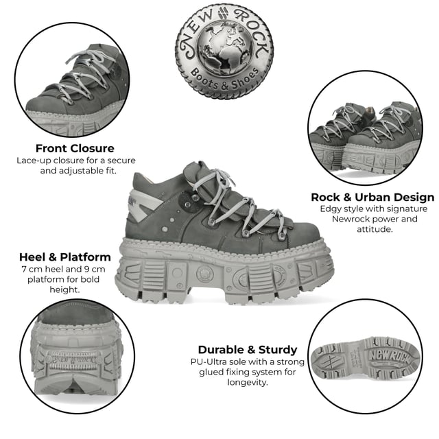 Botines góticos urbanos de cuero gris New Rock M-106WALL-C63 Los botines New Rock M-106WALL-C63 de la Colección Wall combinan un estilo urbano con una estética rockera contundente. Confeccionados en piel de vacuno gris de alta calidad con un interior de suave piel de becerro, ofrecen durabilidad y comodidad. Su audaz tacón de 7 cm y plataforma de 9 cm crean una silueta impactante, mientras que el diseño con cordones realza su estilo robusto y urbano. Con una suela pegada y cosida para mayor resistencia, estos botines unisex son la fusión perfecta de estilo y resistencia. Características principales: Material: Exterior: Piel de vacuno | Interior: Piel de becerro | Altura del tacón: 7 cm | Altura de la plataforma: 9 cm | Material de la suela: PU-ULTRA | Sistema de fijación: Pegado y cosido | Cierre: Cordones (cordón) | Altura de la caña: 12 cm | Estilo: Urbano, Rockero, Rockero | Diseño unisex: Apto para hombre y mujer | Color distintivo: Gris para una estética atrevida y moderna