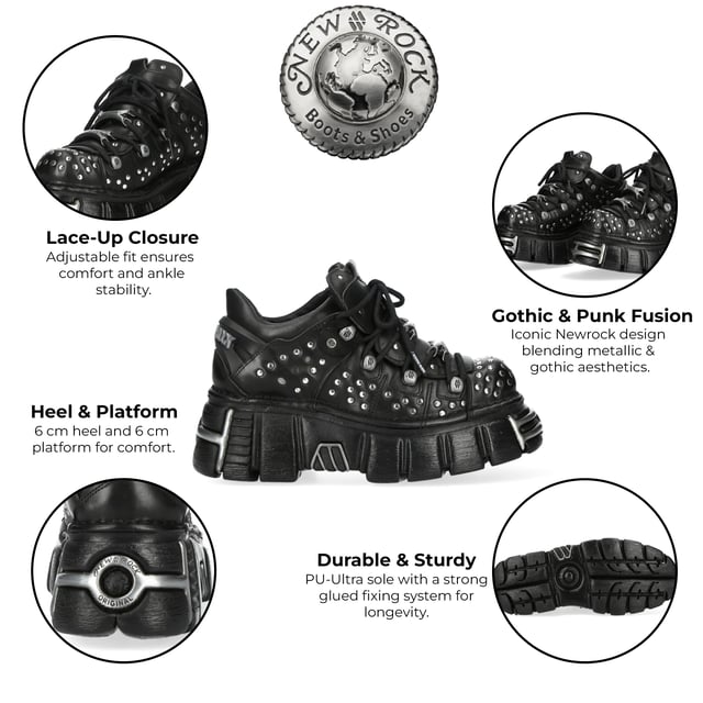 Botines de plataforma góticos de cuero negro M-120NR-C1 de New Rock Los botines New Rock M-120NR-C1 de la Colección Metallic fusionan la estética gótica, punk y rockera con un toque inconfundible. Fabricados en piel de vacuno negra de alta calidad con interior sintético, estos botines ofrecen durabilidad y un look atrevido. Con un llamativo tacón de plataforma de 6 cm, ofrecen una postura imponente y elevada. Su diseño con cordones garantiza un ajuste seguro, lo que los convierte en un imprescindible para quienes adoptan la moda alternativa con una actitud rebelde. Características principales: Material: Exterior: Piel de vacuno | Interior: Sintético | Altura del tacón: 6 cm | Altura de la plataforma: 6 cm | Material de la suela: PU-ULTRA | Cierre: Cordones | Altura de la caña: 10 cm | Estilo: Gótico, Heavy, Punk, Rock | Diseño unisex: Apto para hombre y mujer.