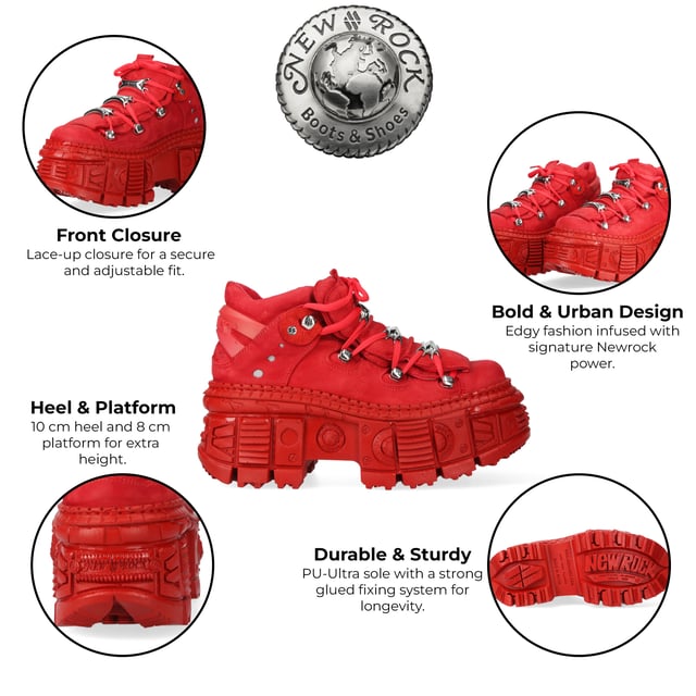 Los botines New Rock M-106WALL-C13 de la Colección Wall son una apuesta audaz en la moda alternativa. Fabricados en piel de vacuno de alta calidad con un interior de suave piel de becerro, estos botines combinan un llamativo acabado rojo metalizado con una impactante estética rockera y urbana. Con un imponente tacón de 10 cm y una plataforma de 8 cm, aportan altura y personalidad. La suela de PU-ULTRA es resistente y antideslizante, mientras que el diseño con cordones garantiza un ajuste seguro. Características principales: Material: Exterior: Piel de vacuno | Interior: Piel de becerro | Material de la suela: PU-ULTRA | Sistema de fijación: Pegado y cosido | Cierre: Cordones (cordón) | Altura del tacón: 10 cm | Altura de la plataforma: 8 cm | Altura de la caña: 12 cm | Estilo: Heavy, Rock, Urbano | Unisex | Diseño: Apto para todos los géneros | Colección: Wall: Una fusión de moda y estilo rockero