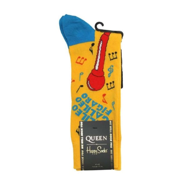 Happy Socks Queen Socks: Happy Socks are a popular brand providing a high-quality sock that combines unique designs and craftsmanship. Mikael Söderlindh and Viktor Tell had a vision to spread happiness by turning an everyday essential into a colorful design piece. In 2008, socks were just socks. White, grey and black pieces of textile that were nowhere close to the fashionable and creative design piece they could become. The world’s most comfortable and colorful tool for spreading happiness was born. This concept is now brought to life by Happy Socks’ talented team of creatives. Today, Happy Socks has reached 90 countries and every continent. With Concept Stores all around the world, from LA to Tokyo, Happy Socks can be found in over 10,000 top fashion apparel boutiques. These socks are made from a soft, high quality combed cotton rich blend and in a fine gauge knit for versatile wear. Finished with a comfortable smooth toe seam, these socks feature standard cuffs, and are officially licensed limited edition socks. They come in a pack of 1 pair. They are machine washable at 40. They are made from 86% Cotton 12% Polyamide 2% Elastane. Extra Product Details: - Queen Socks by Happy Socks - Bohemian Rhapsody - We Will Rock You - Radio Ga Ga Socks - Colour Block Design - Unique and Funky Patterns - 1 Pair Pack - Machine washable at 40 - 86% Cotton 12% Polyamide 2% Elastane.