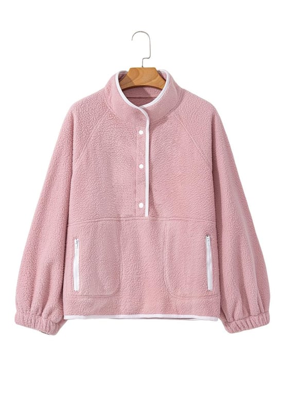 Stand neck design
  Half button front
  Zipped pockets
  Plush high
  quality fabric
  Elastic cuffs for a snug fit
  Loose fit for comfort and warmth
  Suitable for women of all ages
Material: 100% Polyester