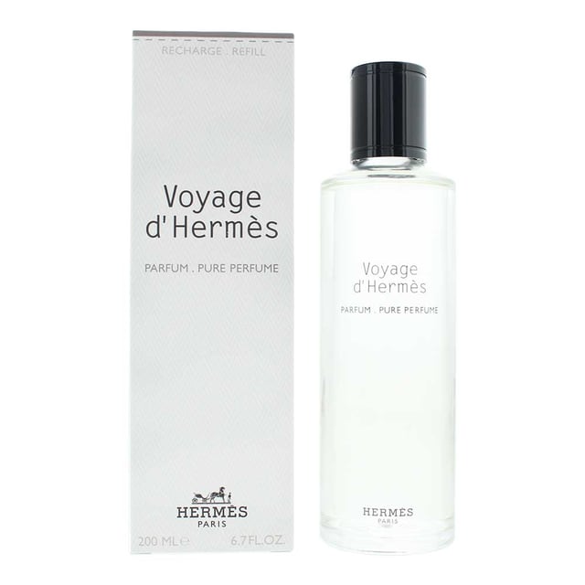 Hermes Voyage D'hermes Refill Parfum 200ml Voyage d'Hermes, launched in 2010, is a Woody Floral Musk fragrance for both men and women by Hermes. Perfect for Spring and Summer, this fragrance is worn during the day. Created by Jean-Claude Ellena, this fragrance contains top notes of Cardamom, Amalfi Lemon, Spices and Juniper Berries. The middle notes of this fragrance are Tea, Green Notes and Floral Notes with base notes of Woodsy Notes, Musk and Cedar.