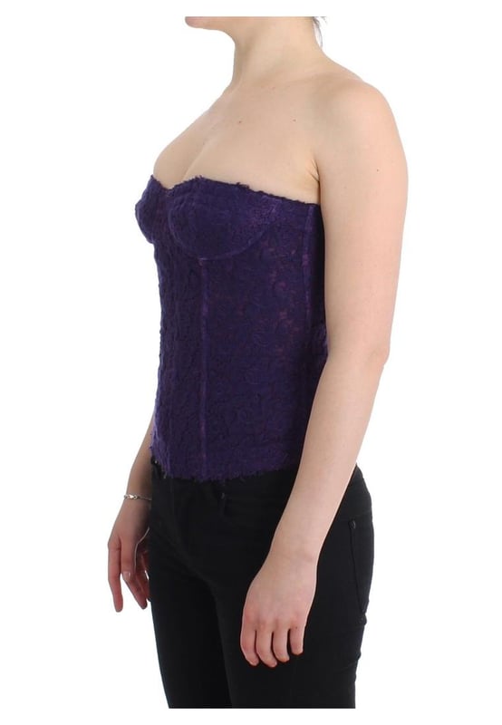 100% Authentic Ermanno Scervino Lingerie
  Purple lace bustier
  Material: 40% Silk 31% Wool 25% Acrylic 4% Elastane
  Zip closure on the backside
  Lined with strays for added comfort
  Subtle logo details
