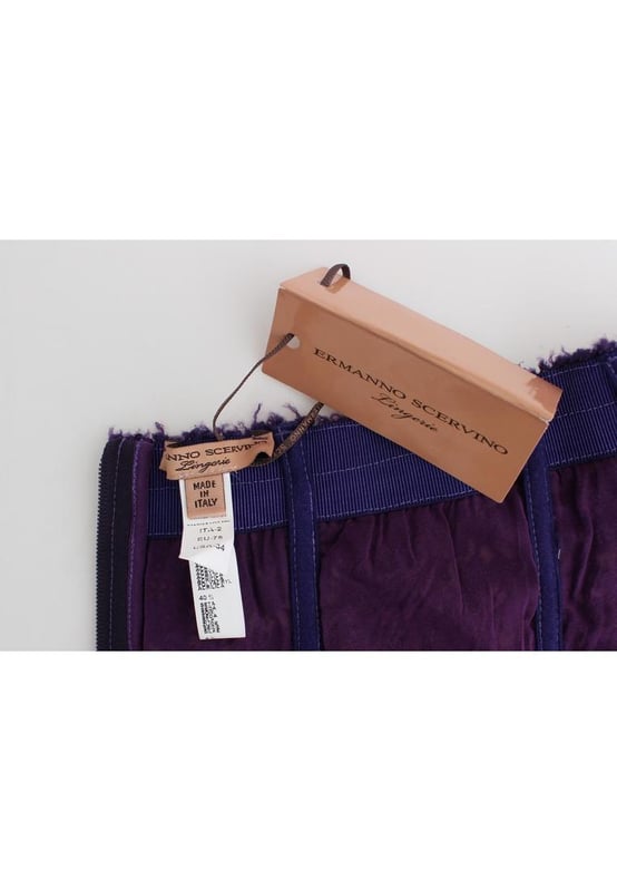 100% Authentic Ermanno Scervino Lingerie
  Purple lace bustier
  Material: 40% Silk 31% Wool 25% Acrylic 4% Elastane
  Zip closure on the backside
  Lined with strays for added comfort
  Subtle logo details