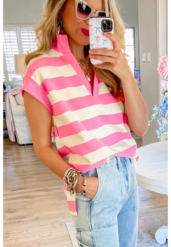 Pink Stripe V Neck Collared Cap Sleeve Top
  Stylish and elegant with a collared design
  Flattering V
  neck and cap sleeves
  Loose fit for comfort
  Contrast stripes create a classic striped print and color block effect
  Versatile top for casual or dressy occasions
Material: 50% Polyester 45% Cotton 5% Elastane
