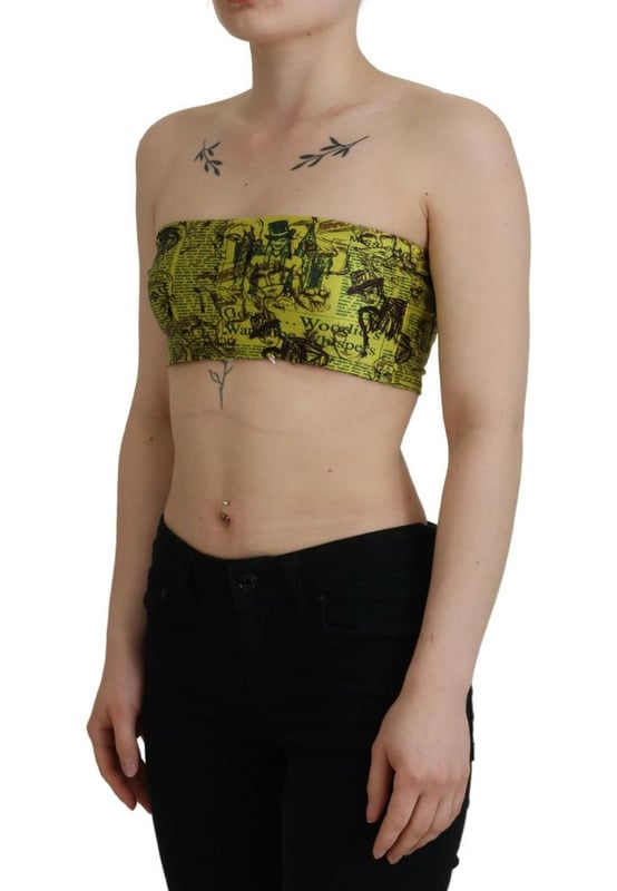 Marca: GALLIANO  
Top cropped sin mangas  
Color: Amarillo con estampado gráfico  
Hecho en Italia  
Materiales: 80% Nailon 20% Elastano