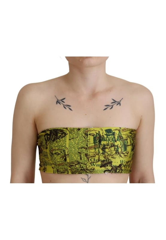 Marca: GALLIANO  
Top cropped sin mangas  
Color: Amarillo con estampado gráfico  
Hecho en Italia  
Materiales: 80% Nailon 20% Elastano