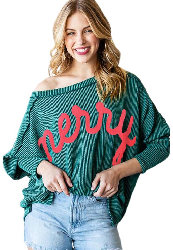 Diseño gráfico alegre  
Tejido de punto cordado con un tacto de fina textura  
Mangas de murciélago a la moda  
Costuras expuestas y elegantes  
Ideal para uso casual y festividades  
Material: 75% Poliéster 20% Viscosa 5% Elastano