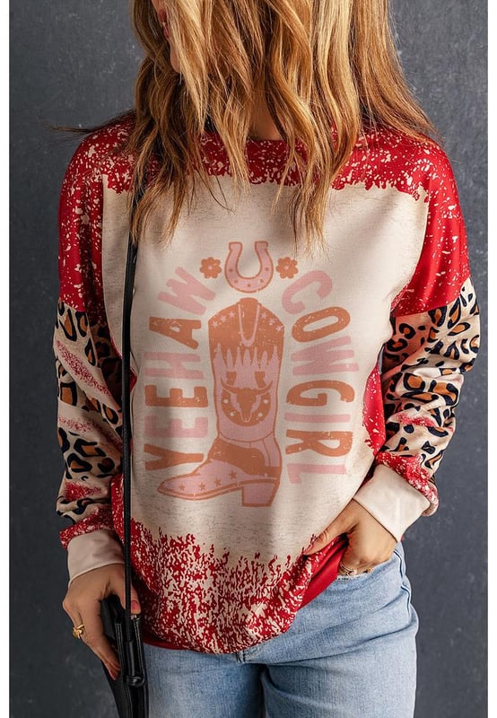 Sudadera con gráficos de vaquera YEEHAW en rojo, con mangas de leopardo disperso blanqueadas  
  Gráfico audaz de YEEHAW COWGIRL  
  Estampado de leopardo disperso en las mangas  
  Perfecta para combinar con denim o ropa casual  
  Ideal para relajarse o actividades al aire libre  
Material: 95% poliéster, 5% elastano