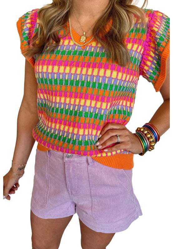 Silhouette multicolor vibrante y atractiva  
Mangas cortas con un delicado movimiento  
Escote en v sexy  
Se adapta a diferentes formas de cuerpo  
Elegante y con estilo  
Disponibles suéteres de manga corta  
Consulta la tabla de tallas para un ajuste perfecto  
Material: 50% viscosa, 28% poliéster, 22% poliamida