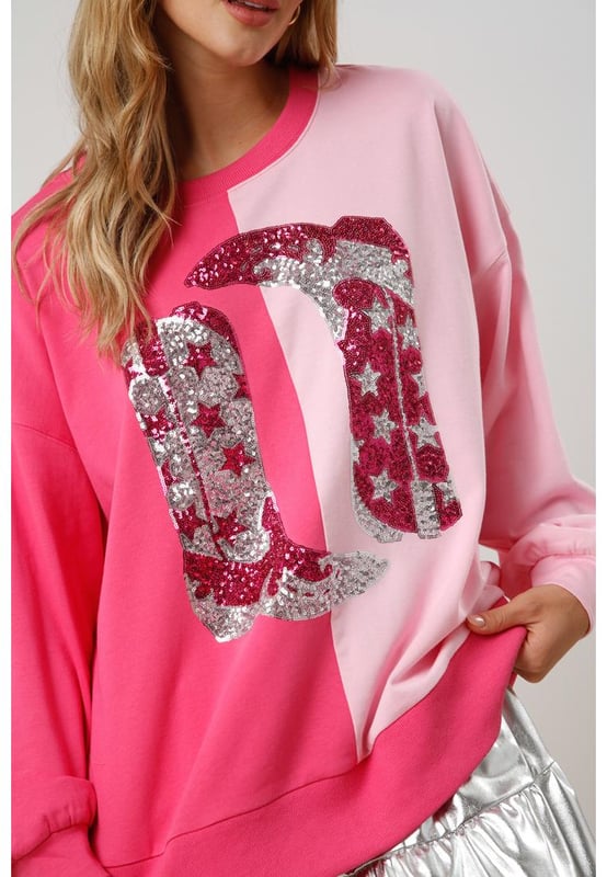Sudadera gráfica con botas de vaquera de lentejuelas en color bloque rosa
  Corte relajado para la mayoría
  Diseño de color bloque llamativo y gráfico de botas con lentejuelas
  Lleno de vibra western
  Disponible en diferentes tamaños
Material: 100% poliéster