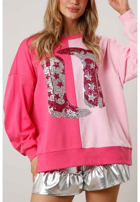 Sudadera gráfica con botas de vaquera de lentejuelas en color bloque rosa
  Corte relajado para la mayoría
  Diseño de color bloque llamativo y gráfico de botas con lentejuelas
  Lleno de vibra western
  Disponible en diferentes tamaños
Material: 100% poliéster