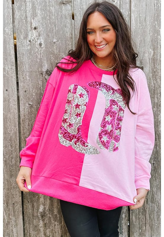 Sudadera gráfica con botas de vaquera de lentejuelas en color bloque rosa
  Corte relajado para la mayoría
  Diseño de color bloque llamativo y gráfico de botas con lentejuelas
  Lleno de vibra western
  Disponible en diferentes tamaños
Material: 100% poliéster