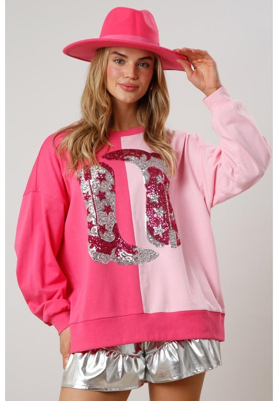 Sudadera gráfica con botas de vaquera de lentejuelas en color bloque rosa
  Corte relajado para la mayoría
  Diseño de color bloque llamativo y gráfico de botas con lentejuelas
  Lleno de vibra western
  Disponible en diferentes tamaños
Material: 100% poliéster