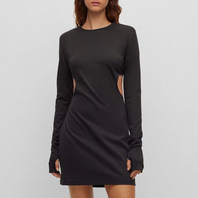 jersey dress - mini lengths - long sleeves - bodylined - nice cutouts on the side - 59% polyester  36% viscose  5% elastane.