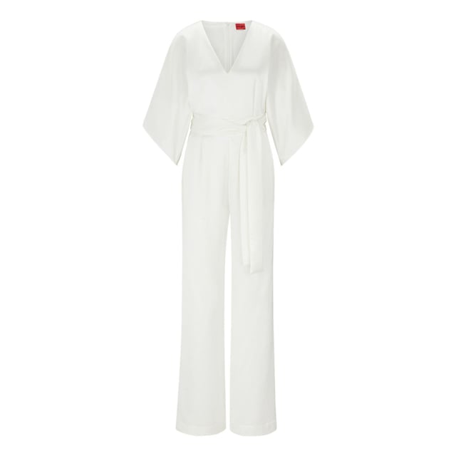 Womens HUGO Kalaisa-1 Jumpsuit in natural.- V-neckline.- Half length sleeves.- Back zipper.- Tie belt at waist.- Wide leg.- Regular fit.- 70% Recycled polyester  30% Polyester.  Dry clean.- Ref: 50490399-102