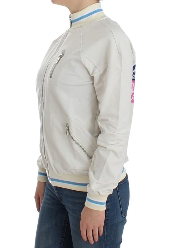Marca: John Galliano  
Tipo: Cárdigan con cremallera  
Material: 95% algodón 5% elastano  
Color: Blanco  
Cierre: Cremallera  
Diseño: Texto Galliano Motel en la parte posterior  
Género: Mujeres