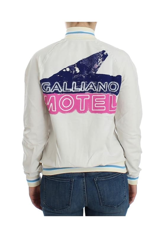 Marca: John Galliano  
Tipo: Cárdigan con cremallera  
Material: 95% algodón 5% elastano  
Color: Blanco  
Cierre: Cremallera  
Diseño: Texto Galliano Motel en la parte posterior  
Género: Mujeres