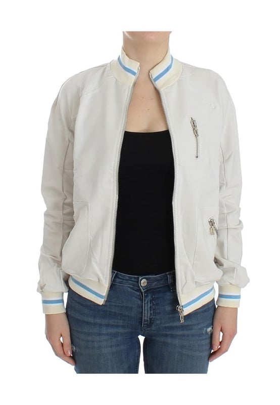 Marca: John Galliano  
Tipo: Cárdigan con cremallera  
Material: 95% algodón 5% elastano  
Color: Blanco  
Cierre: Cremallera  
Diseño: Texto Galliano Motel en la parte posterior  
Género: Mujeres