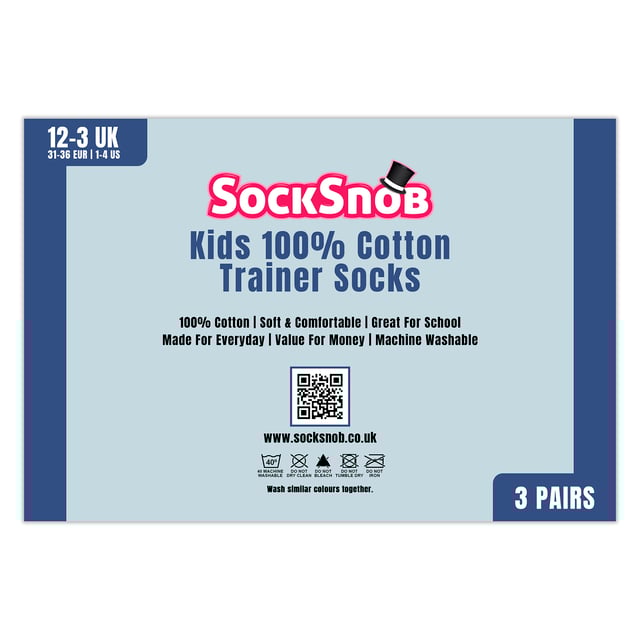 Kids 3 Pack 100% Cotton Trainer Socks: When it comes to comfort, everyone agrees that the best bet is cotton due to its natural softness and moisture-wicking properties. Every man needs a pair of super comfortable and practical socks in his life. These 100% cotton socks provide just that!. These kids socks are made from a soft and breathable cotton fabric for a super-soft feel. They feature a low cut trainer style, making them perfect for casual or formal wear. The moisture-wicking properties will keep your feet cool and dry throughout the day, ensuring you stay fresh. These socks also have a loose top, which ensures that you do not end up with any nasty constriction rings around your ankles after prolonged use. These premium quality socks are 100% Cotton, which means they are extra soft and comfortable, making them perfect for wearing during long days at work or around the house. You won't suffer any nasty irritation while wearing these socks, and they will make sure that you are as comfortable as you can be! These socks are ribbed to help keep them up, and are great for everyday wear, or as light, thin pairs of socks. Everyday technology for any kids feet!. These socks come in 3 pairs, are available in sizes 9-12 UK and 12-3 UK, and are available in Black or White. They are Machine Washable. Extra Product Details: Kids 3 Pairs Cotton Socks 100% Super Soft Cotton Low Cut Trainer Length Extra Comfort Moisture Wicking 2 Colour Options: Black Or White Ribbed Design Casual Or Formal Wear Loose Top, No Irritation 2 Sizes: 9-12 UK and 12-3 UK Machine Washable