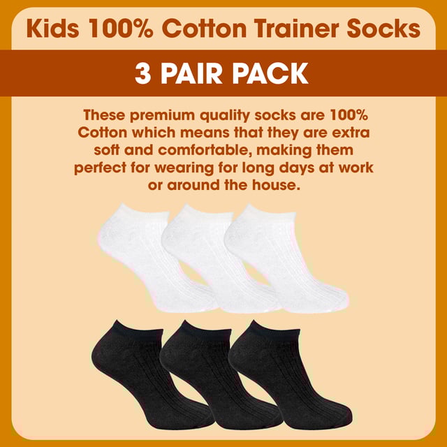 Kids 3 Pack 100% Cotton Trainer Socks: When it comes to comfort, everyone agrees that the best bet is cotton due to its natural softness and moisture-wicking properties. Every man needs a pair of super comfortable and practical socks in his life. These 100% cotton socks provide just that!. These kids socks are made from a soft and breathable cotton fabric for a super-soft feel. They feature a low cut trainer style, making them perfect for casual or formal wear. The moisture-wicking properties will keep your feet cool and dry throughout the day, ensuring you stay fresh. These socks also have a loose top, which ensures that you do not end up with any nasty constriction rings around your ankles after prolonged use. These premium quality socks are 100% Cotton, which means they are extra soft and comfortable, making them perfect for wearing during long days at work or around the house. You won't suffer any nasty irritation while wearing these socks, and they will make sure that you are as comfortable as you can be! These socks are ribbed to help keep them up, and are great for everyday wear, or as light, thin pairs of socks. Everyday technology for any kids feet!. These socks come in 3 pairs, are available in sizes 9-12 UK and 12-3 UK, and are available in Black or White. They are Machine Washable. Extra Product Details: Kids 3 Pairs Cotton Socks 100% Super Soft Cotton Low Cut Trainer Length Extra Comfort Moisture Wicking 2 Colour Options: Black Or White Ribbed Design Casual Or Formal Wear Loose Top, No Irritation 2 Sizes: 9-12 UK and 12-3 UK Machine Washable