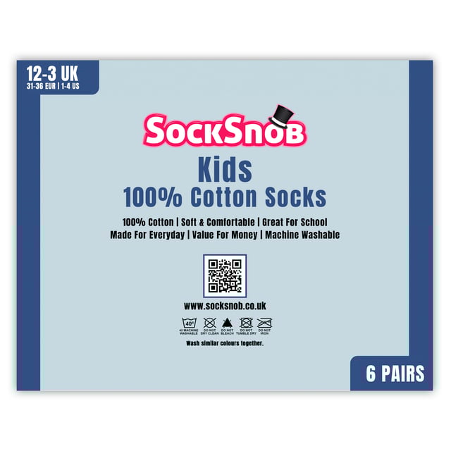 Sock Snob - 6 Pack Kids 100% Cotton Crew Socks: Sock Snob brings you the perfect solution for your kids' everyday needs with these 100% cotton crew socks. Designed with comfort and style in mind, these super soft socks are ideal for keeping your little ones' feet cozy and happy all day long. These premium quality socks are made entirely from natural cotton, which is renowned for its unparalleled softness and moisture-wicking properties. This makes them perfect for long days at school, playdates, or simply lounging around the house. With these socks, your kids will experience minimal irritation and maximum comfort, allowing them to focus on their day without any distractions. Crafted from a soft and breathable cotton fabric, these socks ensure a gentle, super-soft feel against your child's skin, keeping their feet comfy and fresh throughout the day. The moisture-wicking nature of cotton helps keep their feet cool and dry, preventing discomfort from sweat and ensuring they stay fresh from morning until night. Additionally, the loose top design ensures that these socks don't leave any uncomfortable constriction rings around their ankles, even after extended wear. These versatile socks are perfect for everyday wear, whether as a light, breathable option for warmer days or as a dependable layer under shoes for school or play. Each pack includes 6 pairs of socks, available in sizes for kids aged 3-7 years and 8-11 years. Plus, they are machine washable, making them a practical and easy choice for busy parents. Extra Product Details: Sock Snob Kids 100% Cotton Crew Socks Super Soft Feel Moisture-Wicking Properties Loose Top Design 6 Pairs Per Pack Sizes 3-7 Years & 8-11 Years Machine Washable