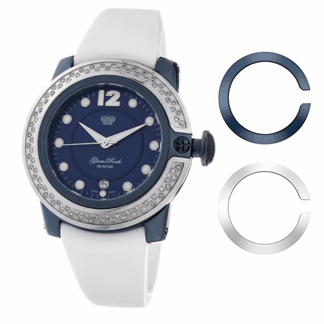 Glam Rock GR32049D - Damenuhr Quarz aus Edelstahl• Material: Edelstahl• Glas: Saphir• Armband: Silikon• Farbe: Silber Blau• Wasserbeständigkeit: 100 m (10 ATM)• Gehäusegröße: 44 mm