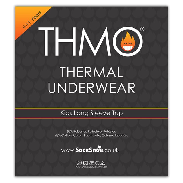 THMO - Kids Long Sleeve Thermal Top: Whether they’re braving the great outdoors or just seeking extra warmth and comfort at home, the THMO Kids Original Thermal Underwear Top is your child’s go-to solution for a warmer life. Crafted from high-quality micro-fleece fabric, this thermal top boasts exceptional stretch properties and comfort seams, ensuring unrestricted movement and a snug, non-chafing fit that's perfect for layering beneath your clothing. So they can say goodbye to discomfort and hello to warmth!. Featuring advanced moisture and odour management technology, this thermal top keeps them dry and fresh throughout the day, making it an ideal choice for active lifestyles, chilly environments and snowball fights.. But the true secret to our warmth lies within our expert brushing process, which creates a luxurious fur-like pile that traps more warm air close to your skin, maximising thermal performance and comfort for prolonged warmth. These Kids thermal tops are available in Black or White and are made from 52% Polyester & 48% Cotton. They come in 5 Kids sizes: 3-4 Years, 5-6 Years, 7-8 Years, 9-11 Years, 12-13 Years and are Machine Washable at 30°C. Extra Product Details: THMO Kids Thermal Underwear Top Micro-Fleece Fabric Comfort Stretch & Seams Moisture & Odour Management Ideal For Winter Super Soft & Warm Available In Black & White 5 Kids Size Options
