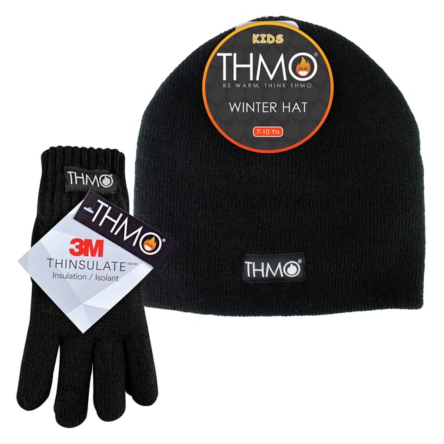 THMO - Kids Thinsulate Hat & Gloves Set: When the winter temperature hits it is essential to make sure your kids are all wrapped up warm and snug. If you are looking for accessories with expert knitting and effective lining then these Children's THMO Hat & Glove set with Thinsulate lining are the items you need to keep your kids warm and protected even during those snowball fights. The gloves have two layers built into them to facilitate the process of keeping their hands warm. The outer layer is knitted made with 100% acrylic and is there to protect hands from cold elements. This winter hat has a 3M Thinsulate 40 gram Thermal Lining which is great for keeping their ears and head toasty warm. Thinsulate is well known for keeping you warm and is considered one of the most effective linings. . The THMO logo badge is on the garments, separating your accessory set from the rest. These Hats & Gloves are available in 3 colours including Black, Grey, Navy and there are 4 sizes to choose from. The corresponding sizes are as follows:. Small = Hat 7-10 Yrs - Gloves 8-9 Yrs Medium = Hat 7-10 Yrs - Gloves 10-11 Yrs Large = Hat 11-13 Yrs - Gloves 10-11 Yrs X-Large = Hat 11-13 Yrs - Gloves 12-13 Yrs. Extra Product Details: THMO Kids Hat & Glove Set 100% Acrylic 3M Thinsulate Lining Expert Insulation Secure Cuff (Gloves) Turnover Cuff (Hat) Made for Cold Weather 4 Sizes Options