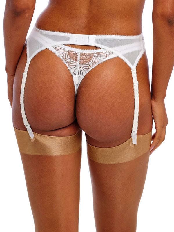 Freya Fascinate Suspender Belt. High rise suspender belt with decorative eyelash edge lace, adjustable suspender straps, hook and eye fastening and metallic ring detailing. Product is hand wash only.