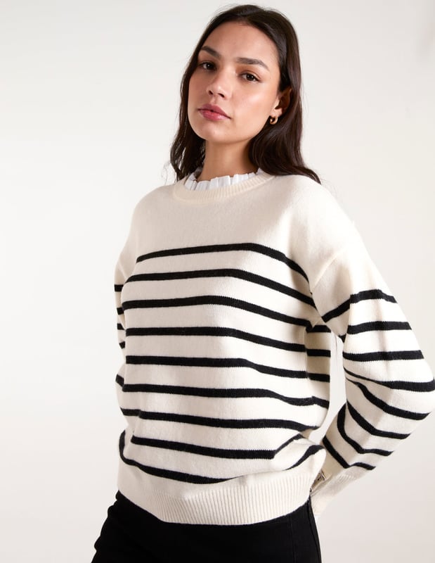 Timeless stripes and soft, cosy knit fabric make this frill neck jumper an spring time layering essential. Throw it on with flared jeans and PU black boots.