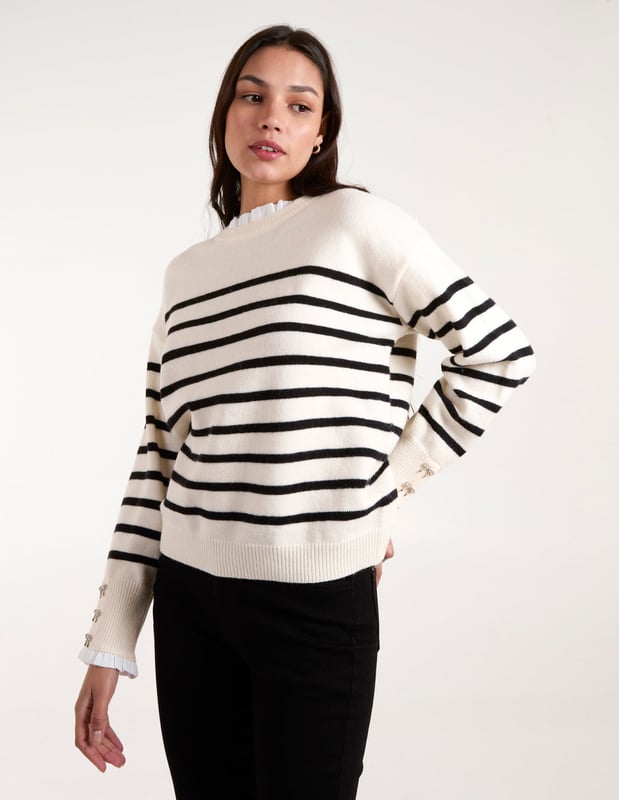 Timeless stripes and soft, cosy knit fabric make this frill neck jumper an spring time layering essential. Throw it on with flared jeans and PU black boots.