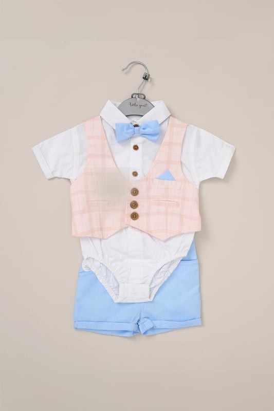 Get your little one ready for summer events and holidays with this adorable set from Little Gent! Featuring a bodysuit shirt with a mock waistcoat, matching shorts, and a dapper bowtie, it’s topped off with a cute decorative pocket square. Stylish and comfy, it’s perfect for making special memories in.