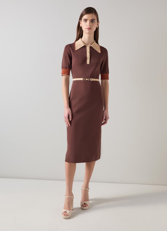 LK Bennett Rosey Dresses, Brown Imagine being in the epitome of sophistication with our Rosey chain belt trim Milano knit dress. This black colourblock dress, made from a luxurious viscose mix, features a gold effect metal snaffle, buttons, and a stretch knit design for effortless elegance. Perfectly pair it with classic pumps for work or stylish ankle boots for a night out.