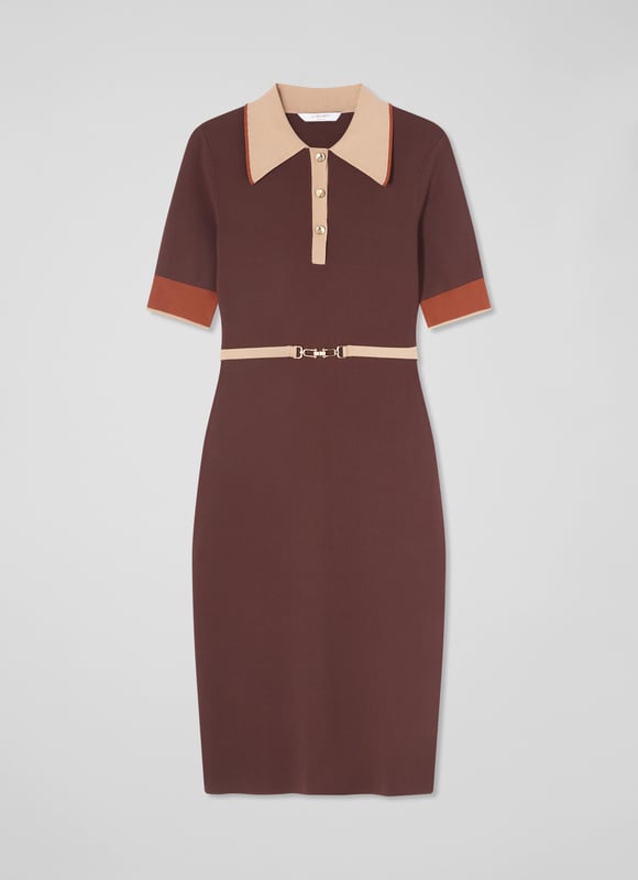 LK Bennett Rosey Dresses, Brown Imagine being in the epitome of sophistication with our Rosey chain belt trim Milano knit dress. This black colourblock dress, made from a luxurious viscose mix, features a gold effect metal snaffle, buttons, and a stretch knit design for effortless elegance. Perfectly pair it with classic pumps for work or stylish ankle boots for a night out.
