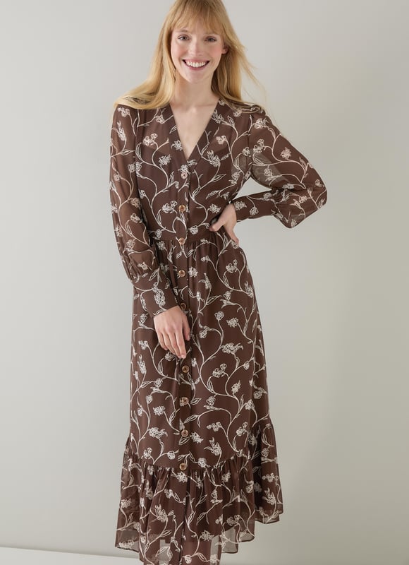 LK Bennett Lucian Dresses, Brown A dreamy addition to your wardrobe, our Lucian dress in chocolate and birch brings elegance and charm effortlessly. This sketchy flower print tiered dress, woven from high-quality fabric, features a flattering V-neck and full length sleeves for a timeless look. Perfectly pair it with ankle boots or strappy heels for your next smart casual affair.