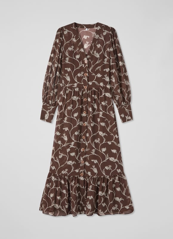 LK Bennett Lucian Dresses, Brown A dreamy addition to your wardrobe, our Lucian dress in chocolate and birch brings elegance and charm effortlessly. This sketchy flower print tiered dress, woven from high-quality fabric, features a flattering V-neck and full length sleeves for a timeless look. Perfectly pair it with ankle boots or strappy heels for your next smart casual affair.