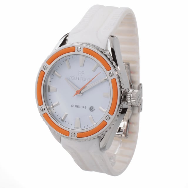 FOLLI FOLLIE WF0T027ZDO Uhr Frau Quarz• Material: Edelstahl• Glas: Mineral• Armband: Silikon• Farbe: Silber Orange• Wasserbeständigkeit: 50 m (5 ATM)• Gehäusegröße: 45 mm