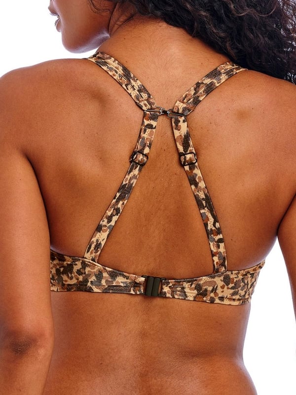 Freya Arizona Wave High Apex Bikini Top. Underwired non padded swimwear top with a low plunging neckline, metallic gold yarns, bamboo gold ring details powenet lined cups for shaping and support and a J-Hook for conversion into a racerback style. This product is recommended as hand wash only.