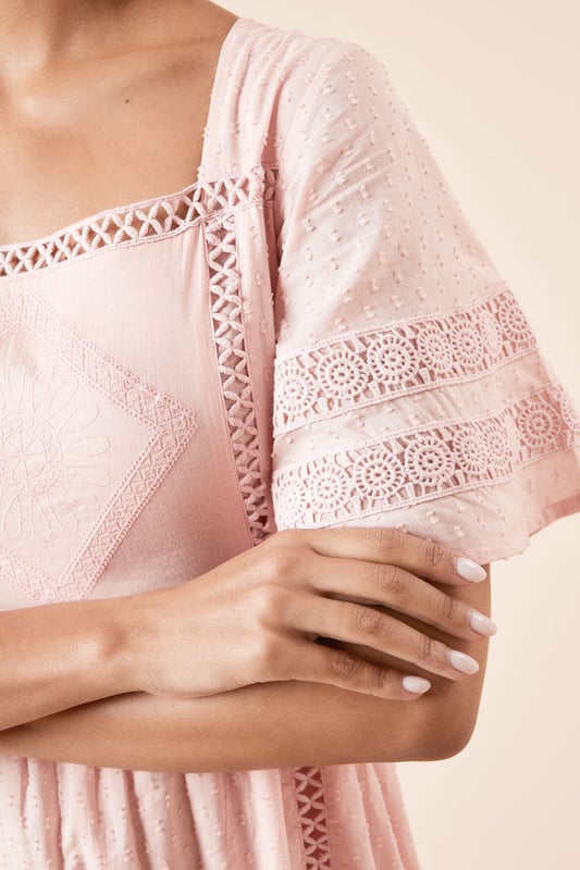 Embroidered Front Angel Sleeve Midi Dress