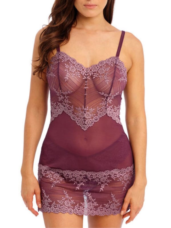 Wacoal Embrace Lace Chemise. Lace bodice, adjustable split spaghetti straps. The product is hand-wash only.