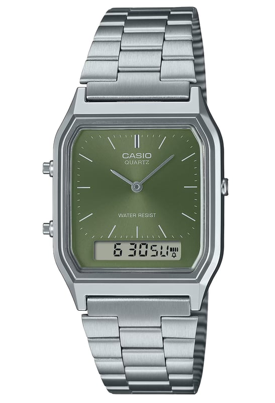 Casio Collection Vintage Unisex's Silver Watch AQ-230A-3AMQYES This Casio Casio Collection Vintage Analogue-Digital Watch for Unisex is the perfect timepiece to wear or to gift. It's Silver Rectangular case combined with the comfortable Silver Stainless steel watch band will ensure you enjoy this stunning timepiece without any compromise. Operated by a high quality Quartz movement and water resistant to 3 bars, your watch will keep ticking. The classic analogue-digital combination dressed up in beautiful hues. Featuring a sunray dial for a colourfully elegant twist on a time-honoured design. This Analogue-Digital watch has a calendar function: Day-Date as well as a Stop Watch , Alarm and Dual Time. High quality 20 cm length and 20 mm width Silver Stainless steel strap with a Folding Clasp Case measurement: 30 X 33 mm,case thickness: 8 mm, case colour: Resin and dial colour: Green
