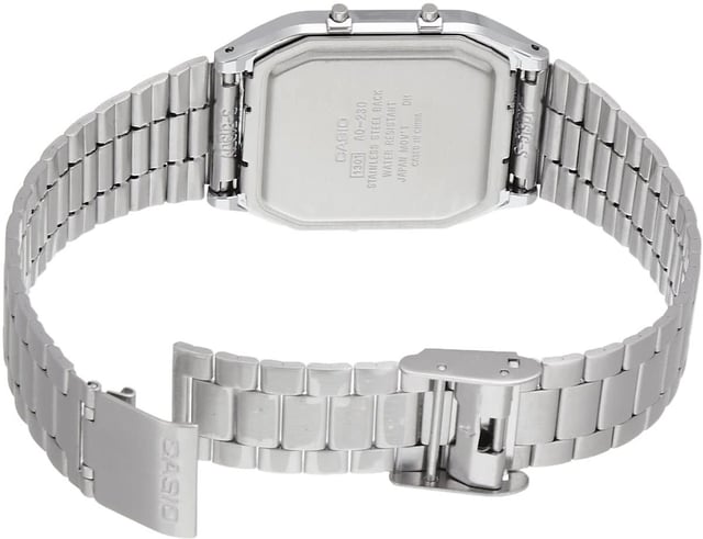 Casio Collection Vintage Unisex's Silver Watch AQ-230A-3AMQYES This Casio Casio Collection Vintage Analogue-Digital Watch for Unisex is the perfect timepiece to wear or to gift. It's Silver Rectangular case combined with the comfortable Silver Stainless steel watch band will ensure you enjoy this stunning timepiece without any compromise. Operated by a high quality Quartz movement and water resistant to 3 bars, your watch will keep ticking. The classic analogue-digital combination dressed up in beautiful hues. Featuring a sunray dial for a colourfully elegant twist on a time-honoured design. This Analogue-Digital watch has a calendar function: Day-Date as well as a Stop Watch , Alarm and Dual Time. High quality 20 cm length and 20 mm width Silver Stainless steel strap with a Folding Clasp Case measurement: 30 X 33 mm,case thickness: 8 mm, case colour: Resin and dial colour: Green