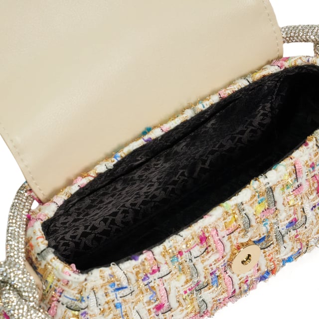 This sophisticated evening bag has been designed with an ornate top handle that features our signature knot detailing that has been enhanced with diamante detailing. Complete a central compartment, monogrammed lining and magnetic closure, this striking style will elevate occasion looks.