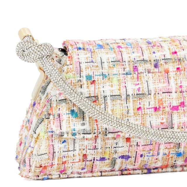 This sophisticated evening bag has been designed with an ornate top handle that features our signature knot detailing that has been enhanced with diamante detailing. Complete a central compartment, monogrammed lining and magnetic closure, this striking style will elevate occasion looks.