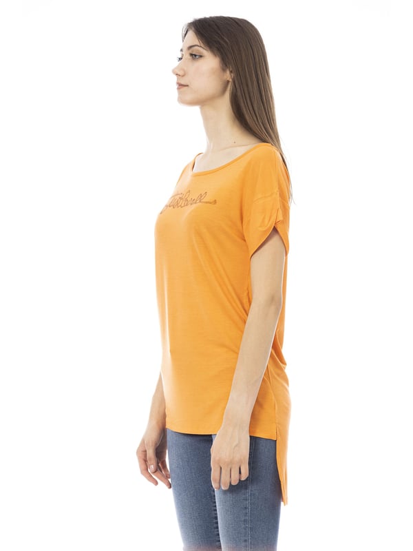 Camiseta larga. Cuello redondo. Mangas cortas. Logotipo de diamantes de imitación.